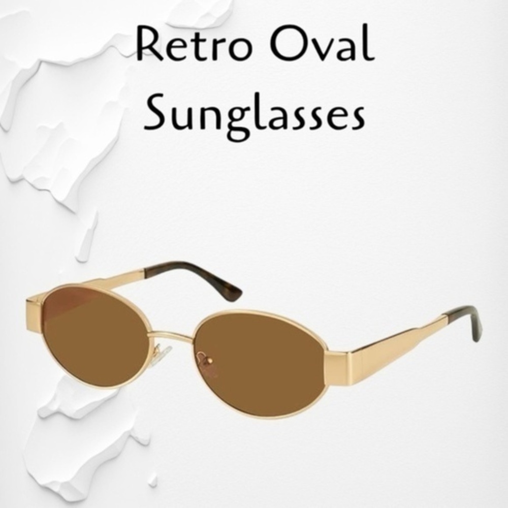 Retro Oval Shiny Gold Metal Brown Tinted Sunglasses NWT